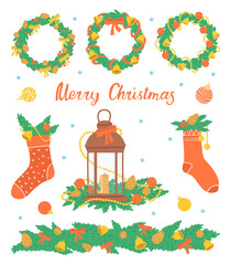 A set of Christmas tree wreaths, socks and other Christmas decorations. Colorful vector illustration.
