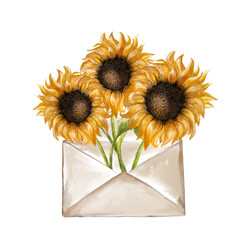 Envelope with flowers on a white background.  Hand drawn sunflower