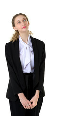 Portrait of surprised girl in elegant black suit