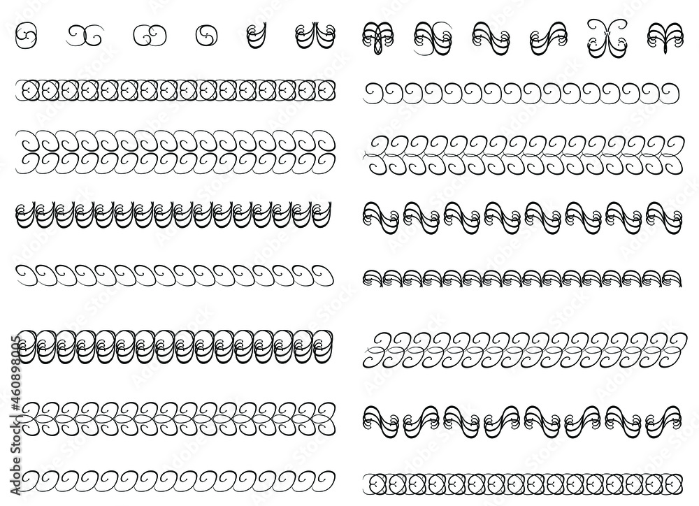 Poster decorative borders with rhythmic rounded pattern, set of graphic design elements isolated on white b