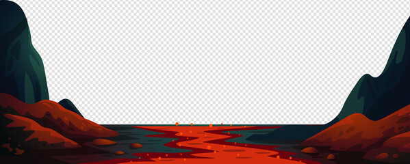Lava river, fantasy landscape with red fire river. Vector illustration in flat cartoon style