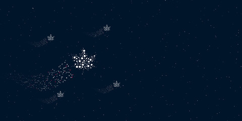 A maple leaf filled with dots flies through the stars leaving a trail behind. Four small symbols around. Empty space for text on the right. Vector illustration on dark blue background with stars