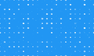 Seamless background pattern of evenly spaced white maple leafs of different sizes and opacity. Vector illustration on blue background with stars