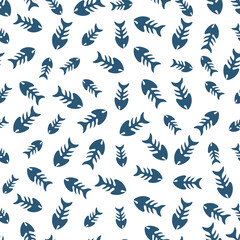 White seamless pattern with navy fish bones.