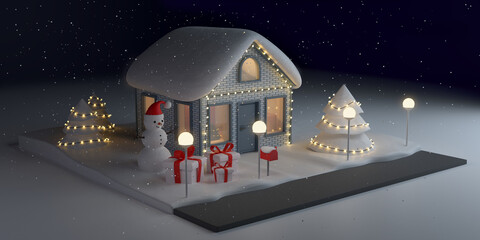 Naklejka premium Christmas background. Winter night, decorated house, snowman, tree with garland, gifts. Snowfall. New Year card. 3d rendering.