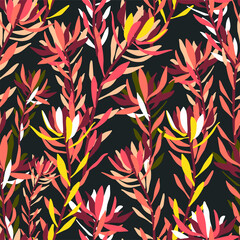 Botanical seamless pattern of silhouettes of protea flowers Australian flora