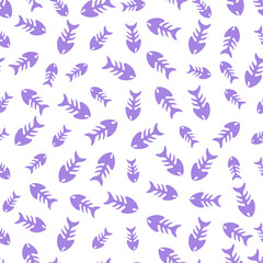 White seamless pattern with light purple  fish bones. 