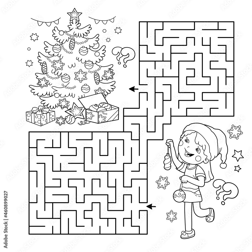 Wall mural maze or labyrinth game. puzzle. coloring page outline of cartoon girl decorating the christmas tree.