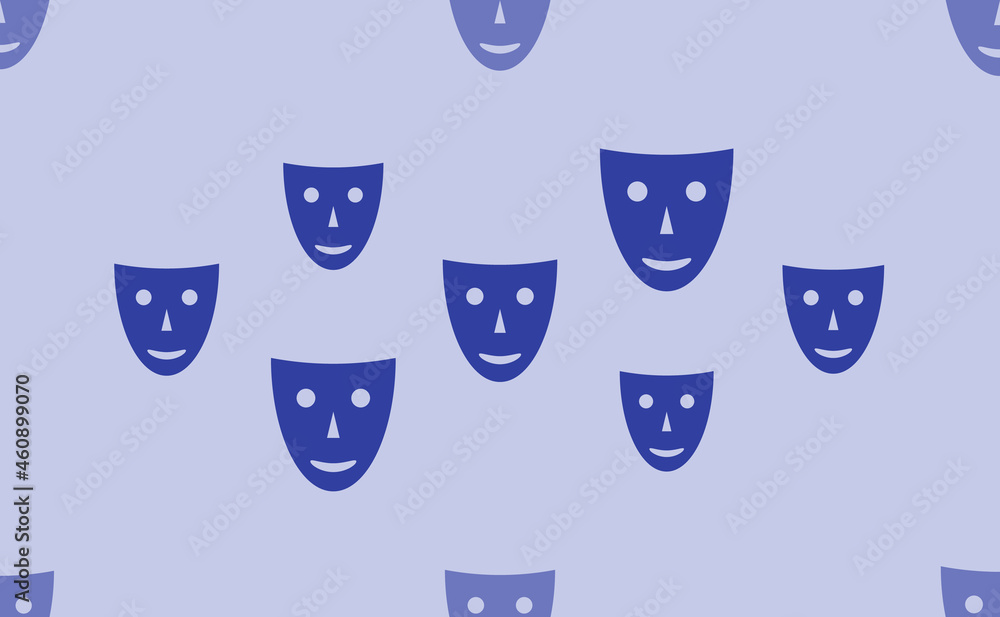 Poster seamless pattern of large isolated blue theatrical masks. the pattern is divided by a line of elemen
