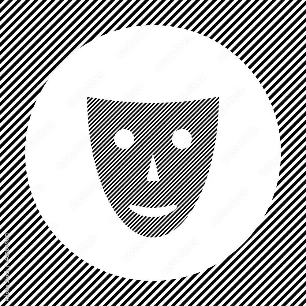 Poster a large theatrical mask in the center as a hatch of black lines on a white circle. interlaced effect