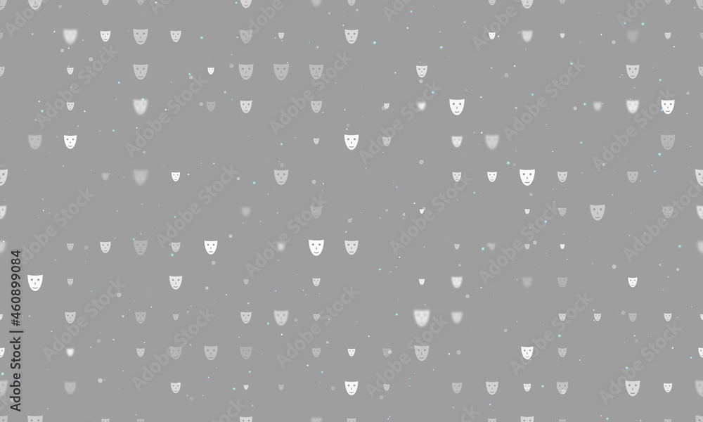 Poster seamless background pattern of evenly spaced white theatrical masks of different sizes and opacity. 