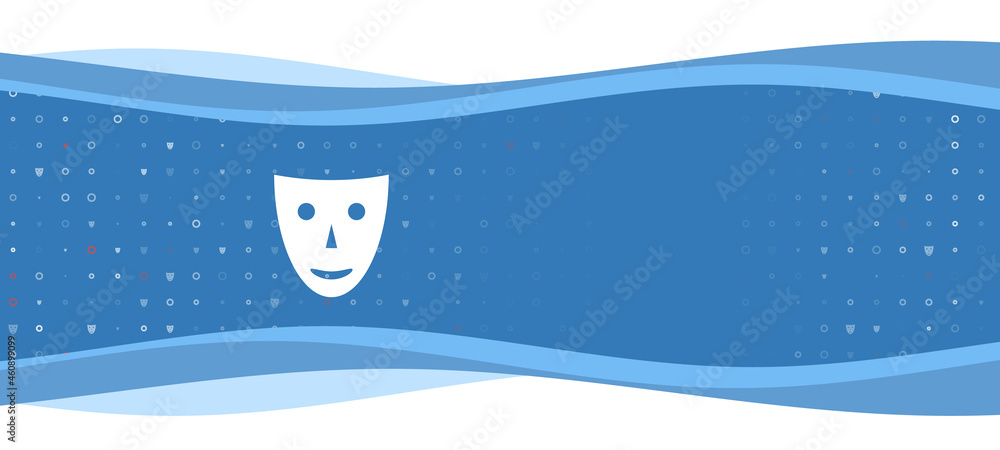 Poster blue wavy banner with a white theatrical mask symbol on the left. on the background there are small 