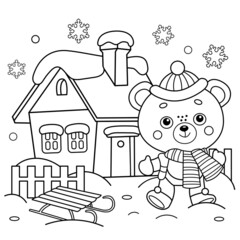 Coloring Page Outline Of little bear with sledge. Winter. New year. Christmas. Coloring book for kids