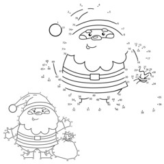 Puzzle Game for kids: numbers game. Coloring Page Outline of Santa Claus with gifts bag. New year. Christmas. Coloring Book for children.