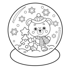 Coloring Page Outline Of Snow globe with little bear with Christmas tree. New year. Christmas. Coloring book for kids