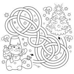 Maze or Labyrinth Game. Puzzle. Tangled Road. Coloring Page Outline Of snowman with Christmas tree. New year. Christmas. Coloring book for kids.