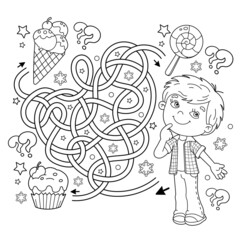 Maze or Labyrinth Game. Puzzle. Tangled Road. Coloring Page Outline Of little boy with sweets. Coloring book for kids