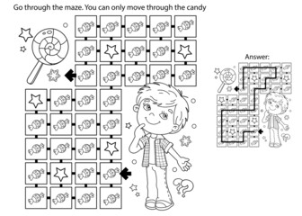 Maze or Labyrinth Game. Puzzle. Coloring Page Outline Of little boy with sweets. New year. Christmas. Coloring book for kids.