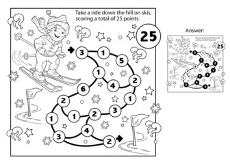 Math addition game. Puzzle for kids. Maze. Coloring Page Outline Of cartoon boy skiing. Winter sports. Coloring book for children.