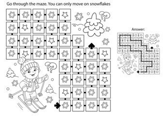 Maze or Labyrinth Game. Puzzle. Coloring Page Outline Of cartoon boy skiing. Winter sports. Coloring book for kids.