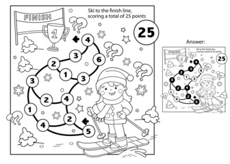 Math addition game. Puzzle for kids. Maze. Coloring Page Outline Of cartoon girl skiing. Winter sports. Coloring book for children.