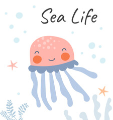 Simple sea life. Jellyfish floats on seabed. Greeting and invitation card design. Baner and poster, hand drawing. Minimalistic style. Cartoon flat vector illustration isolated on white background
