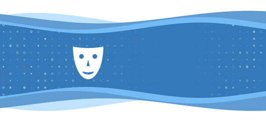 Fototapeta na wymiar Blue wavy banner with a white theatrical mask symbol on the left. On the background there are small white shapes, some are highlighted in red. There is an empty space for text on the right side