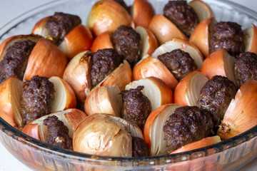 Traditional Turkish food; Onion kebab (Turkish name; Sogan kebabi) Local food of Gaziantep region