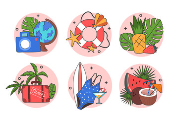 Summer icon set. Collection of images with things for vacation, travel, tropical food. Graphic elements for travel company website. Cartoon flat vector illustration isolated on white background