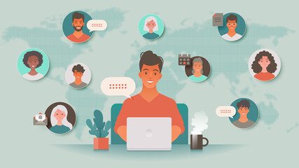 Man using laptop computer getting together with colleagues around the world via video call. Freelance work, e-learning, online communication and telecommuting concept vector illustration
