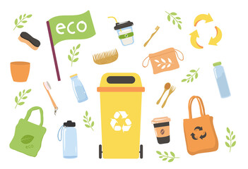 Set of zero waste. Nature protection, recycling, ecology. Eco bag and Earth globe with reusable water bottle. Garbage container, waste sorting. Cartoon vector illustration isolated on white background