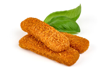 Deep fried fish fingers, isolated on white background.
