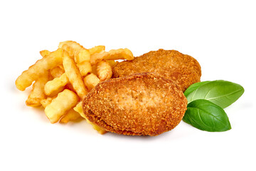 Fried cutlets in breadcrumbs with french fries, Isolated on white background.