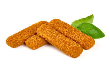 Deep fried fish fingers, isolated on white background.