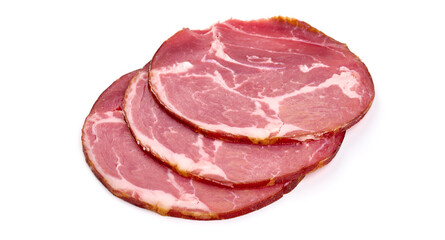 Antipasto meat, cold smoked ham, isolated on white background. High resolution image.