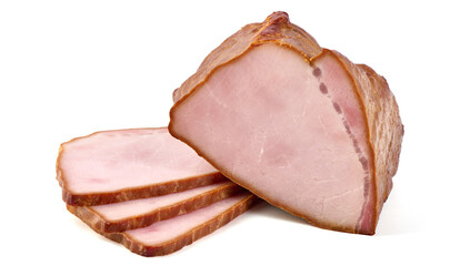 Smoked pork tenderloin, sliced ham, meat fillet, isolated on white background.