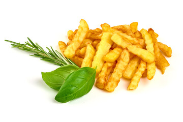 Crunchy French fries, isolated on white background.