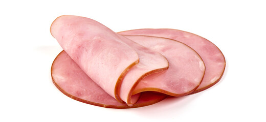 Cooked boiled ham slices, isolated on white background.