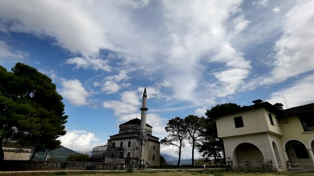 ioannina city its kale mosque in autumn clouds movement, greece
