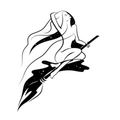 Vector illustration. Beautiful young witch flying on a broomstick. 