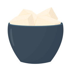 Tofu cheese in a blue plate. Soy cheese in a bowl isolated on a white background.