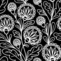 BLACK VECTOR SEAMLESS BACKGROUND WITH WEAVING WHITE ROUND FLOWERS