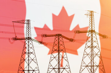 Double exposure - power line, tower and flag Canada