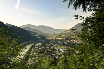 Werfen city landscape surrounded by nature and mountains at sunrise, Salzburg, Austria