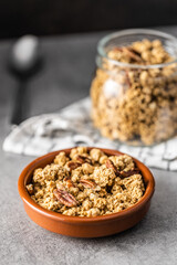 Sweet granola cereals in bowl.
