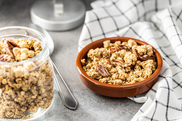 Sweet granola cereals in bowl.