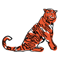 Happy tiger one continuous line art drawing. Vector color isolated illustration of the orange tiger sitting. Chinese new year 2022, the year of the tiger