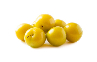 Yellow plums isolated on white background. Heap of plums on white background. fruits with copy space for text. Various fresh summer fruits.