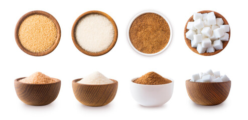 Heap of cane sugar, white and coconut sugar isolated on white  Top view. Brown and white sugar...