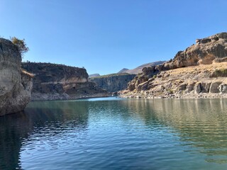 Takoran Valley in Siverek in Sanliurfa. Boat tour on Firat River in Takoran in Siverek. Ataturk Dam...